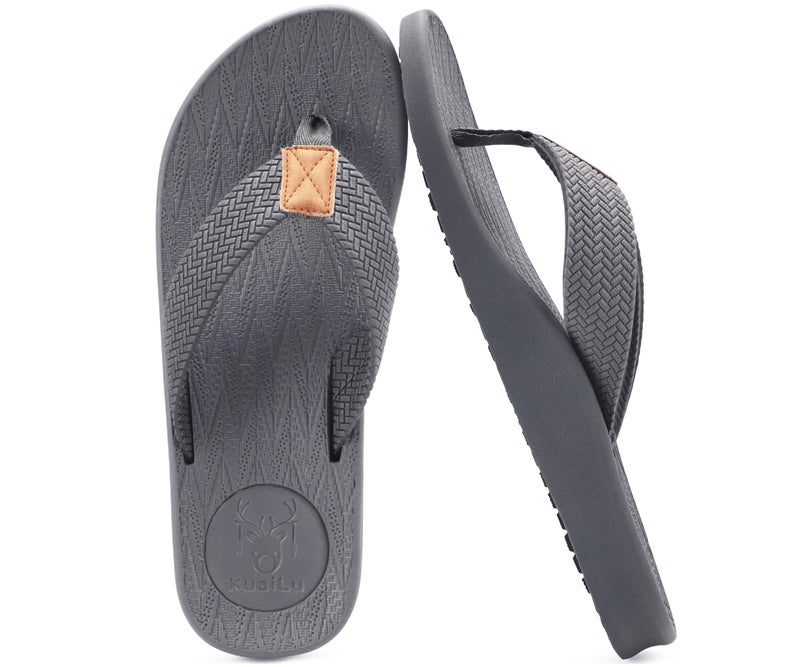 KuaiLu Mens Flip Flops Arch Support Comfortable Cushion Memory Foam Recovery Walking Waterproof Leather Thong Sandals Orthotic Plantar Fasciitis Summer Casual Beach Pool Slip on Slippers Grey Size 11 - Image 1